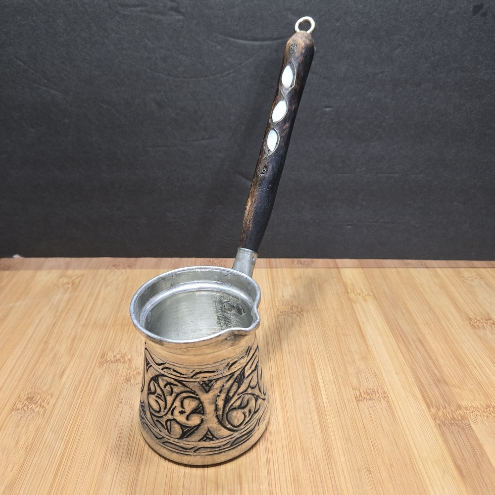 Vintage Silver Pewter Turkish Coffee Inlaid Wood Handle